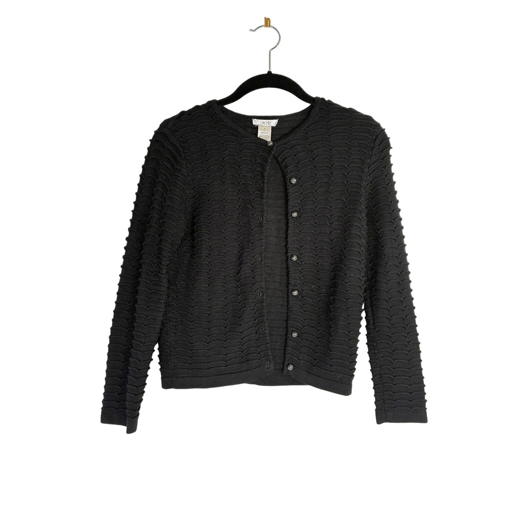 y2k Cache Vintage Black Textured Scalloped Knit Button Front Cardigan Sweater S